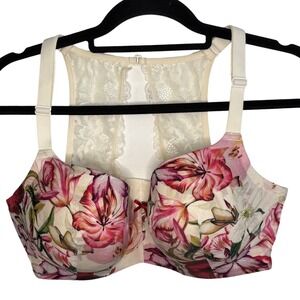 Cacique 40DDD Lightly Lined Balconette Bra Floral Lace Back Straps Ivory Pink